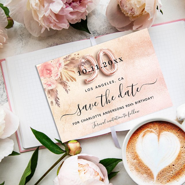 90th birthday pampas rose blush florals elegant save the date (Creator Uploaded)