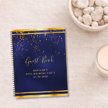 90th Birthday Party 90 dark blue gold guest book<br><div class="desc">A 90th Birthday Party informal Guest Book for him, boy, guy in dark blue, navy blue background. The blue colour is uneven. With a faux gold frame and golden confetti sprinkle, golden coloured letters. The title Guest Book is written with modern hand lettered style script. Template for a name, age...</div>