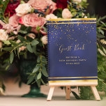 90th Birthday Party 90 dark blue gold guest book<br><div class="desc">A 90th Birthday Party informal Guest Book for him, boy, guy in dark blue, navy blue background. The blue colour is uneven. With a faux gold frame and golden confetti sprinkle, golden coloured letters. The title Guest Book is written with modern hand lettered style script. Template for a name, age...</div>