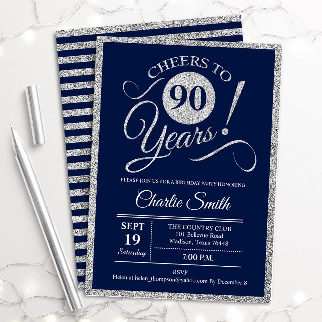 90th Birthday Party - ANY AGE Navy Silver Invitation (Creator Uploaded)