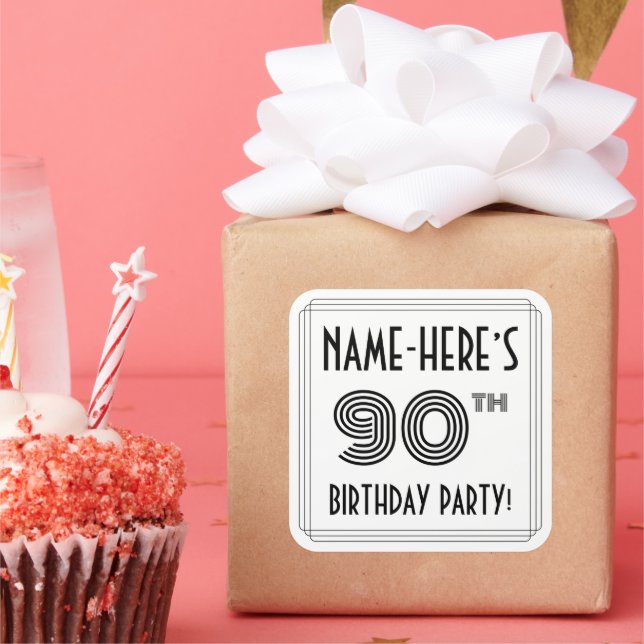 90th Birthday Party: Art Deco Style + Custom Name Square Sticker (Party)