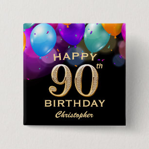 90th Birthday Party Black and Gold Balloons 15 Cm Square Badge
