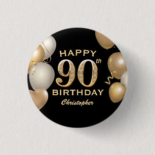90th Birthday Party Black and Gold Balloons 3 Cm Round Badge