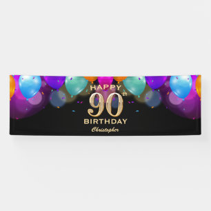 90th Birthday Party Black and Gold Balloons Banner