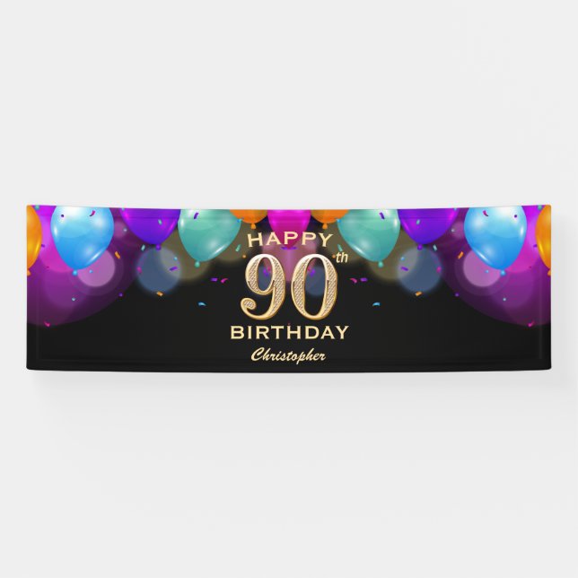 90th Birthday Party Black and Gold Balloons Banner (Horizontal)