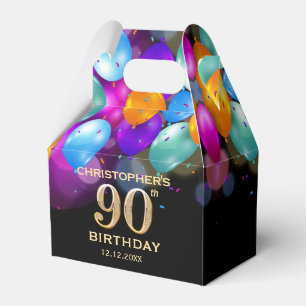 90th Birthday Party Black and Gold Balloons Favour Box