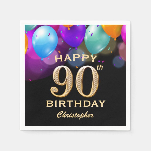 90th Birthday Party Black and Gold Balloons Napkin (Front)