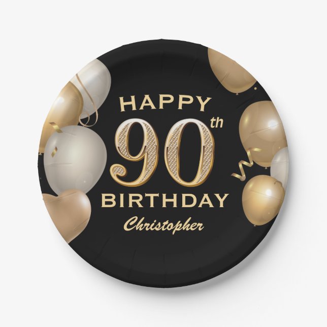 90th Birthday Party Black and Gold Balloons Paper Plate (Front)
