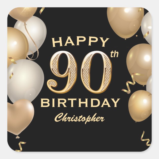 90th Birthday Party Black and Gold Balloons Square Sticker (Front)