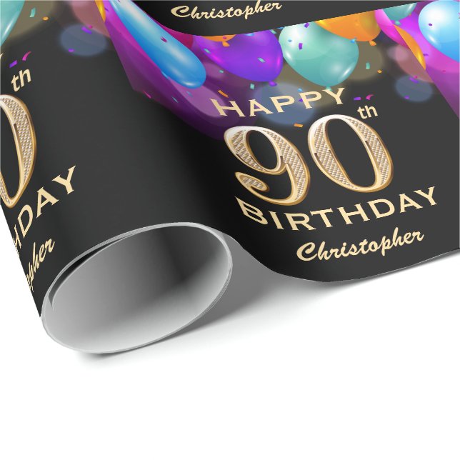 90th Birthday Party Black and Gold Balloons Wrapping Paper (Roll Corner)