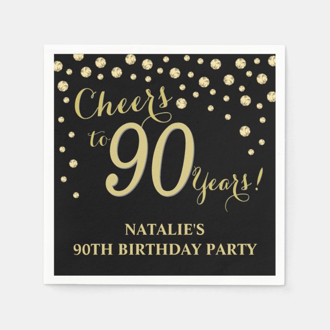 90th Birthday Party Black and Gold Diamond Napkins (Front)