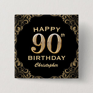 90th Birthday Party Black and Gold Glitter Frame 15 Cm Square Badge