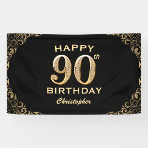 90th Birthday Party Black and Gold Glitter Frame Banner