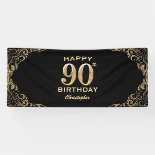 90th Birthday Party Black and Gold Glitter Frame Banner