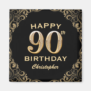 90th Birthday Party Black and Gold Glitter Frame Magnet