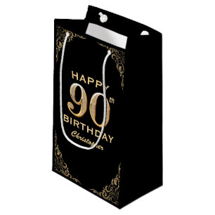 90th Birthday Party Black and Gold Glitter Frame Small Gift Bag