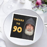90th birthday party black gold cheers photo napkin<br><div class="desc">A napkin for a 90th birthday party. Template for your photo.  Black background and the text: Cheers to 90.  The text is written with a trendy faux gold balloon script.</div>
