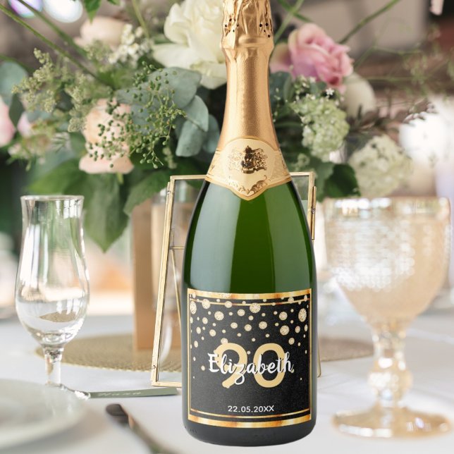 90th birthday party black gold glitter diamonds sparkling wine label (Creator Uploaded)