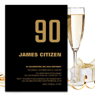 90th Birthday Party Black Gold Invitation