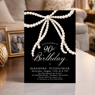 90th Birthday Party Black White Coquette Pearl Bow Invitation