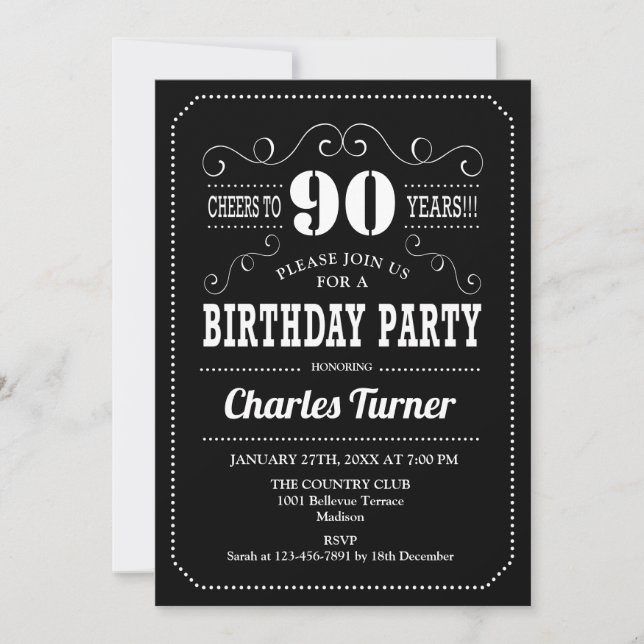 90th Birthday Party - Black White Invitation (Front)