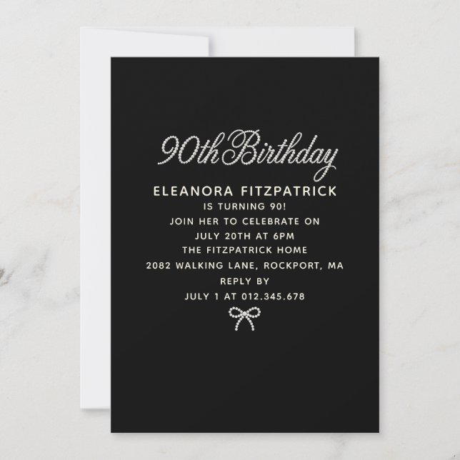 90th Birthday Party Black White Pearl Script Bow Invitation (Front)