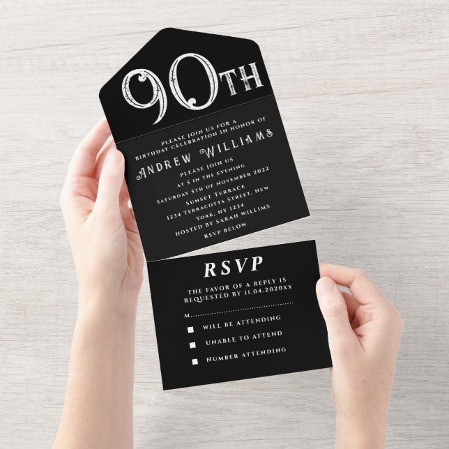 90th Birthday Party Black White Simple Modern All In One Invitation (Tearaway)