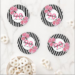 90th birthday party black white stripes pink flora coaster set<br><div class="desc">A coaster for a 90th birthday party for a girl. Classic slim black and white vertical stripes as background. With girly, feminine and romantic pink roses as decoration. A white and pink frame on front with template for age 90, name and date. Age number in pink, name and date in...</div>