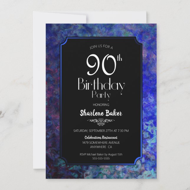 90th Birthday Party Black with Blue Border Invitation (Front)