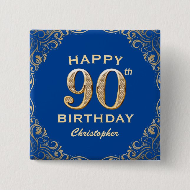 90th Birthday Party Blue and Gold Glitter Frame 15 Cm Square Badge (Front)