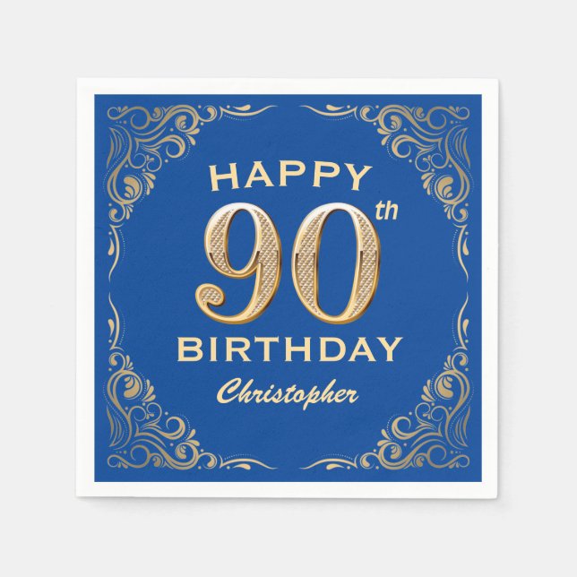 90th Birthday Party Blue and Gold Glitter Frame Napkin (Front)