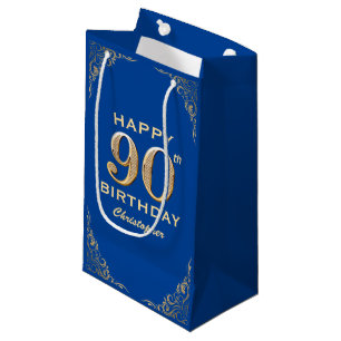 90th Birthday Party Blue and Gold Glitter Frame Small Gift Bag