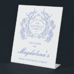 90th Birthday Party Blue Floral Crest Welcome Pedestal Sign<br><div class="desc">An elegant French vintage blue floral crest takes centre stage on this timeless birthday welcome sign. Ornate,  formal and very feminine will make any birthday lady feel very special. Coordinating party supplies are available.</div>