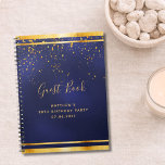 90th Birthday Party blue gold guest book<br><div class="desc">A 90th Birthday Party informal Guest Book for him, boy, guy in dark blue, navy blue background. The blue color is uneven. With a faux gold frame and golden confetti sprinkle, golden colored letters. The title Guest Book is written with modern hand lettered style script. Template for a name, age...</div>