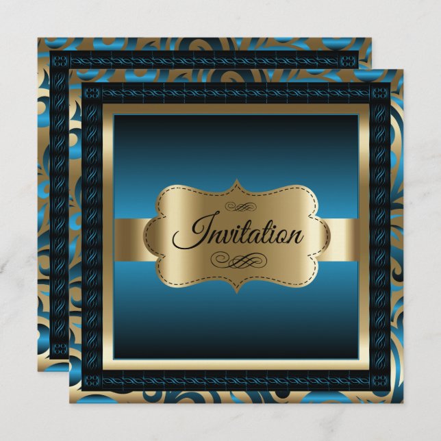 90th Birthday Party | Blue Metallic & Gold Invitation (Front/Back)