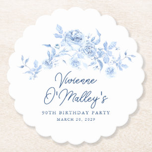 90th Birthday Party Blue Rose Floral Custom Paper Coaster