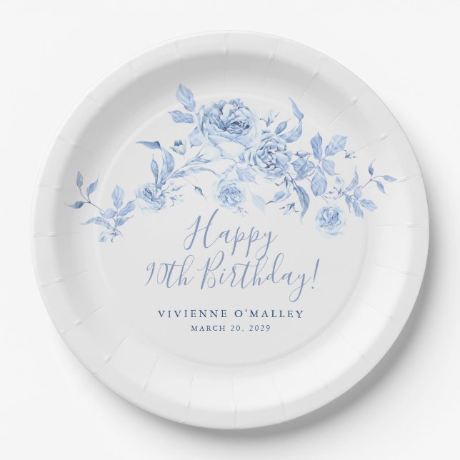 90th Birthday Party Blue Rose Floral Custom Paper Plate (Front)