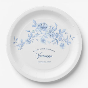 90th Birthday Party Blue Rose Floral Custom Paper Plate