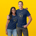 90th Birthday Party Blue T-Shirt<br><div class="desc">Celebrate a special 90th birthday with this blblue t-shirt featuring gold script. Show your love and appreciation for the birthday boy or girl with this eye-catching t-shirt that can be easily personalised. Make this 90th birthday celebration even more special with this stylish and modern t-shirt that will be sure to...</div>
