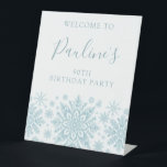 90th Birthday Party Blue White Snowflake Welcome  Pedestal Sign<br><div class="desc">Delicate pastel snowflakes create an elegant pattern perfect for a Christmas or winter birthday party. All text can be edited.</div>