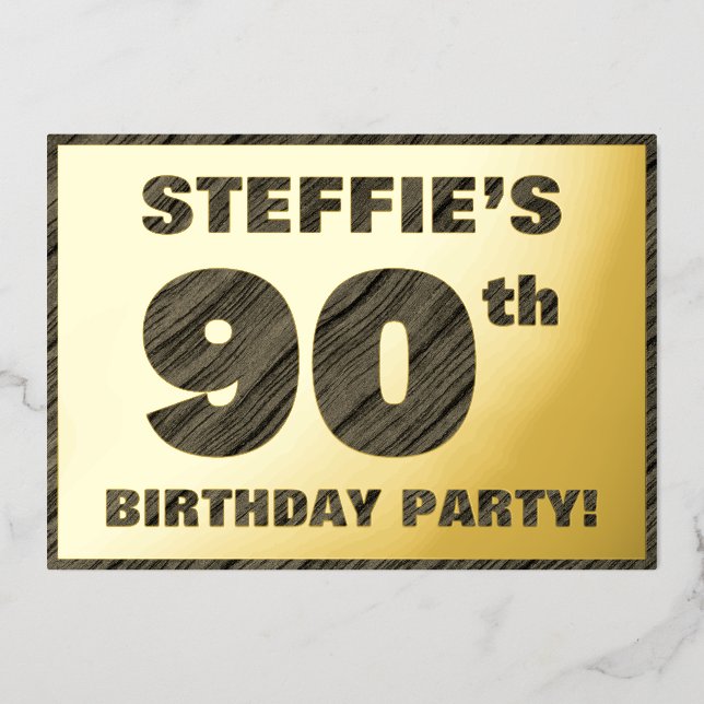 90th Birthday Party — Bold, Faux Wood Grain Text (Front)