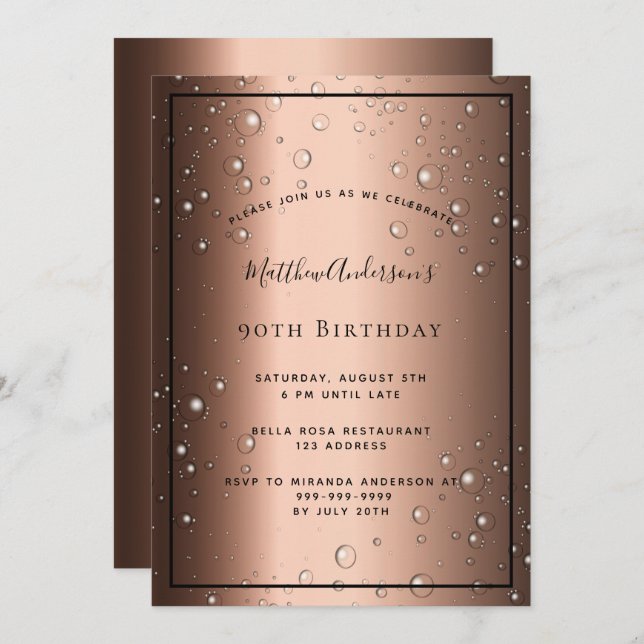 90th Birthday Party bronze brown black bubbles guy Invitation (Front/Back)