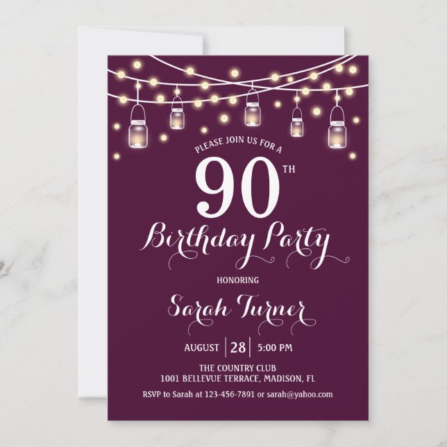 90th Birthday Party - Burgundy Invitation (Front)