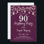 90th Birthday Party - Burgundy Invitation<br><div class="desc">90th Birthday Party Invitation.
Rustic style design in burgundy. Features mason jars and fairy string lights. Can be customized into any age! Please message me if you need further customization.</div>