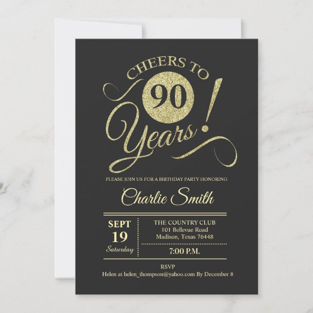 90th Birthday Party - Chalkboard Gold Invitation (Front)