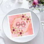 90th birthday party coral gold dahlia flowers napkin<br><div class="desc">A trendy paper napkin for a 90th birthday party. With a faux gold hexagon geometrical shaped frame. Decorated with watercolored dahlia flowers in pink, cream and coral. Living coral with polka dots as background. Templates for a name, age 90 and a date. Date of birth or date of the party....</div>
