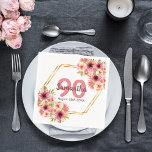 90th birthday party coral pink flowers geometric napkin<br><div class="desc">A trendy paper napkin for a 90th birthday party. With a faux gold hexagon geometric shaped frame. Decorated with watercolored dahlia flowers in pink, cream and coral. Elegant white as background. Templates for a name, age 90 and a date. Date of birth or date of the party. Burgundy and coral...</div>