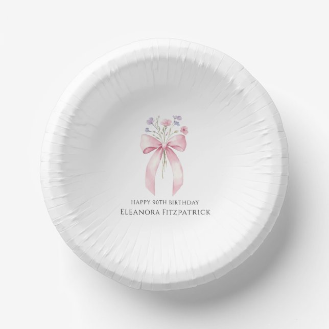 90th Birthday Party Custom Bow Wildflower Paper Plate (Front)