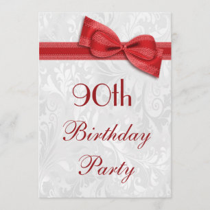 90th Birthday Party Damask and Faux Bow Invitation