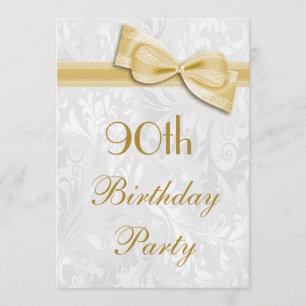 90th Birthday Party Damask and Faux Bow Invitation